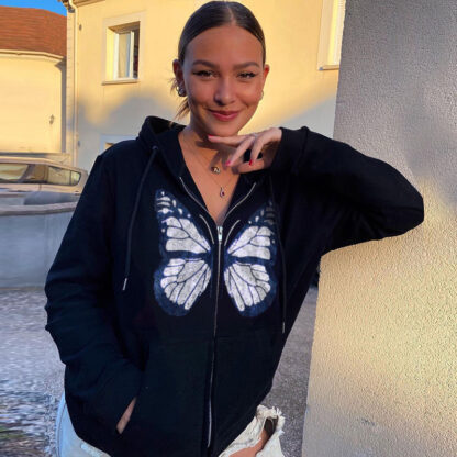Butterfly Pattern Rhinestone Zipper Streetwear - Image 2
